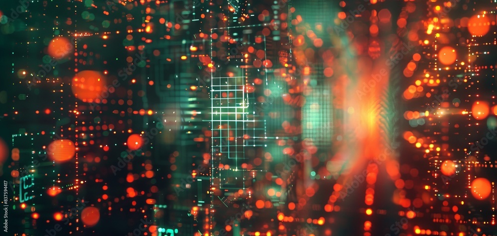 Poster abstract colorful digital background with glowing lights and particles.