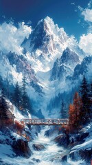 Snowy forest with autumn foliage