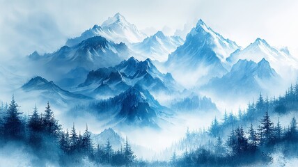 Snowy mountain landscape with pine forest