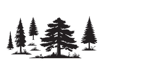 Various types of Vintage woodland pine trees with ground soil silhouette