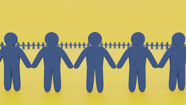 手を結んで大きな円陣を組む人形のシームレスなループアニメーション動画
