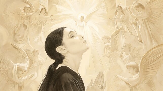 Saint Gemma Galgani in deep prayer with a mystical vision, surrounded by angels, divine light, beige background, Biblical Illustration, copyspace