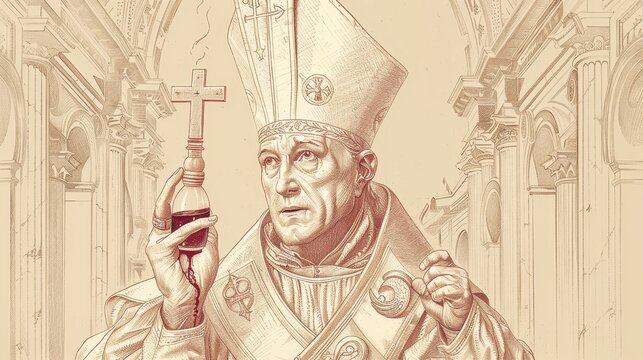 Saint Januarius in Bishop Attire with Vial, Reflecting Miracle in Jerusalem, Beige Background Copyspace
