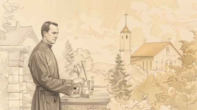 Saint John Neumann building a church, missionary and educator, determined expression, beige background, Biblical Illustration, copyspace