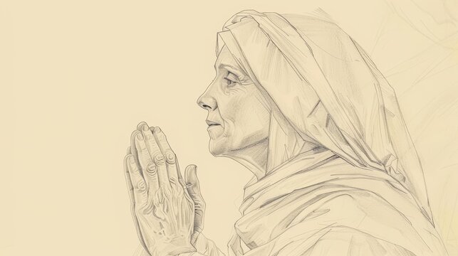 Saint Monica praying for Saint Augustine's conversion, simple attire, serene expression, peaceful and holy atmosphere. Biblical Illustration, Beige Background, copyspace.