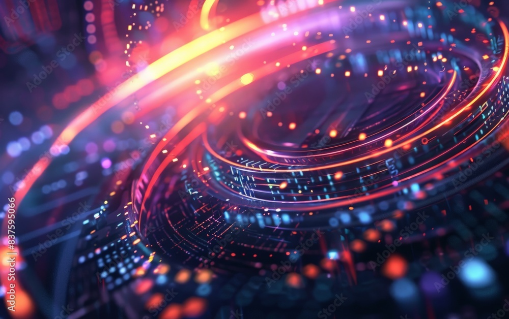 Poster Abstract digital art with glowing red and blue lines swirling in a circular pattern.