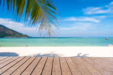 Fototapeta premium Tropical beautiful white sand beach with blue sky background, Summer vacation concept and copy space
