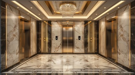 Obraz premium An opulent elevator lobby with polished marble walls and floors, gold accents, and a grand chandelier