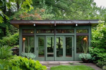 A contemporary white backyard shed with a flat roof, large doors, and surrounded by greenery