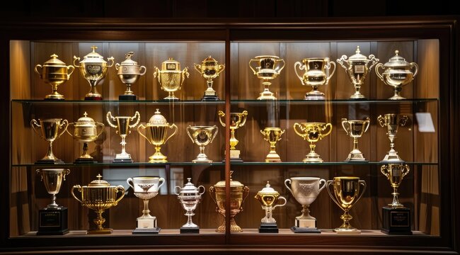 Glass shelves inside a wood cabinet showcase a collection of gleaming golden trophies