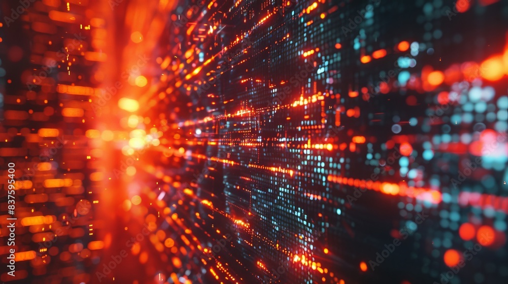Poster abstract digital background with glowing lines and data streams in red, orange, and blue.