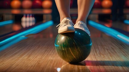 Naklejka premium close-up of an adult bowling with a luminous ball on their legs. Young adults' active leisure.