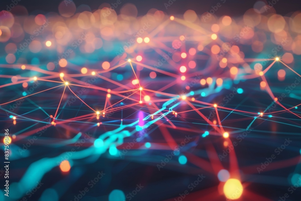 Poster abstract digital network with glowing lines and nodes in a vibrant color scheme.