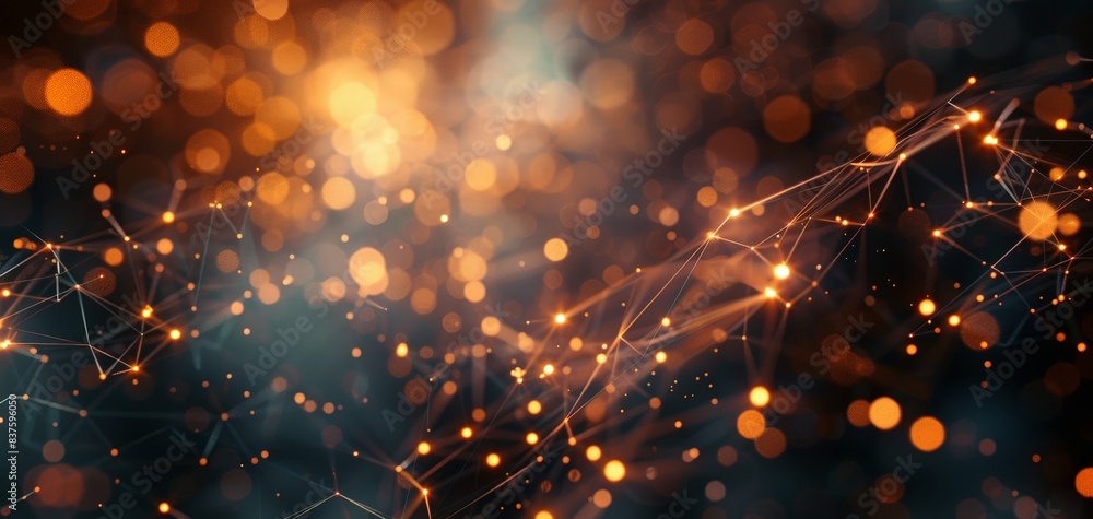 Poster abstract festive background with golden bokeh lights and glowing particles.