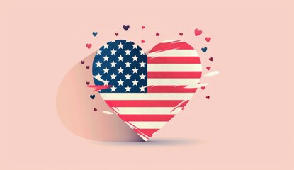 minimalist style shape with text flag day is on June 4th and American national flags have the white stripes in it, around heart symbol for American flag,
