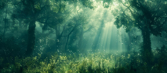 Obraz premium A tranquil and dense forest scene illuminated by soft sunlight that pierces through the thick foliage and undergrowth
