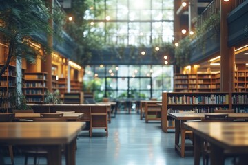 Wooden Tables and Chairs Fill Library Space. Generative AI