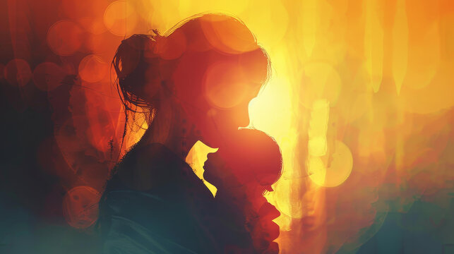 Ethereal digital illustration of motherhood, featuring a woman with a baby in a sling  soft, dreamy, and nurturing vibes.