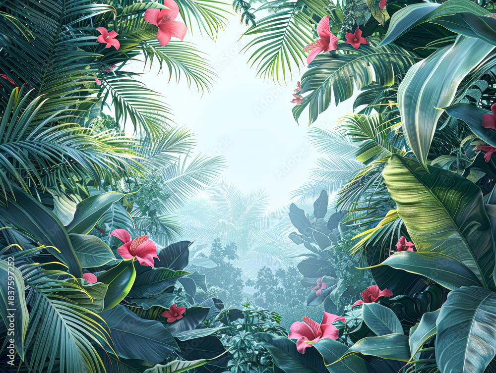 Wall mural Tropical Paradise Background with Lush Greenery and Vibrant Flowers Professional Design with Copy Space Centered