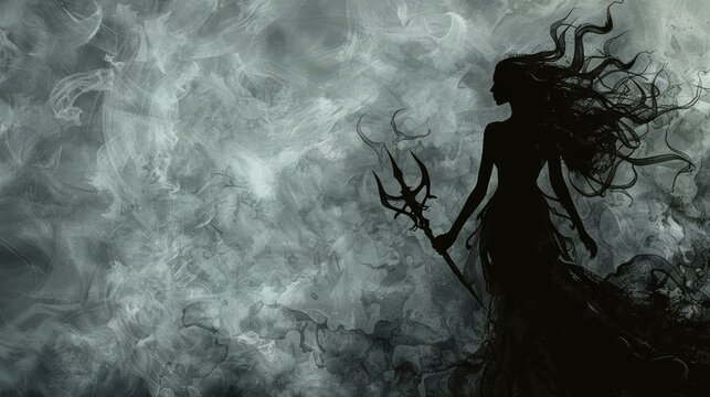 Dark digital art of a silhouette of a powerful woman with a devil trident, exuding menace and mystery.