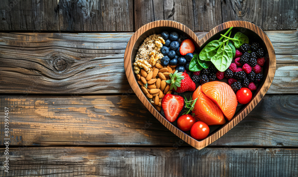 Sticker healthy lifestyle concept with heart-shaped bowl of nutritious foods and exercise equipment, copy sp