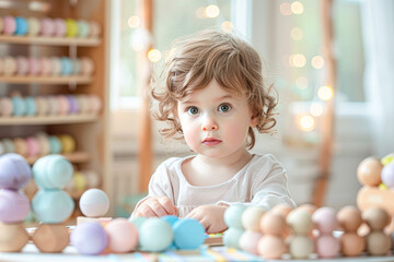 Fototapeta premium A young child playing with Montessori toys, focusing on their concentration and independence.