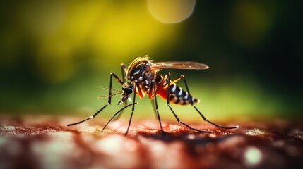 Fototapeta premium A mosquito is standing on a surface, possibly a leaf or a table