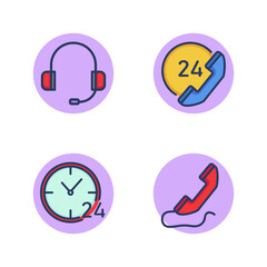 Around clock support service line icon set. Call center, telephone call, 24 and 7, day and night. Consumer service concept. Vector illustration for web design and apps