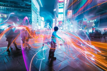 Fototapeta premium Street performer in a busy city, creating art with electric light trails generated by AI