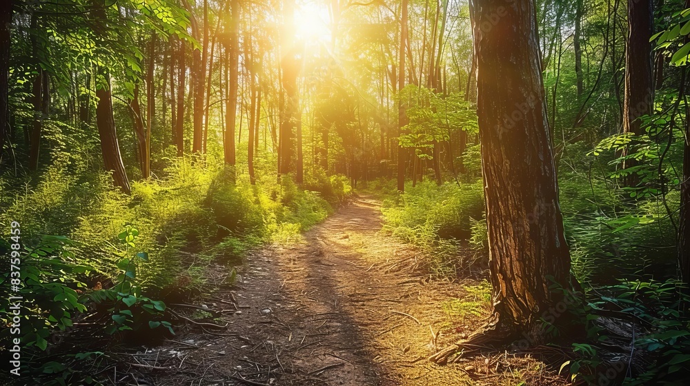 Wall mural a sunlit forest pathway with lush greenery and tall trees, perfect for nature walks and peaceful ret