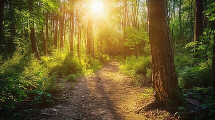 Obraz premium A sunlit forest pathway with lush greenery and tall trees, perfect for nature walks and peaceful retreats.