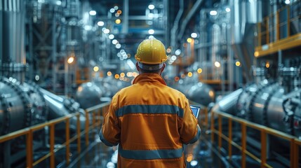 Fototapeta premium Industrial engineer in safety gear inspecting machinery in a modern factory setting, ensuring operational efficiency and safety compliance.