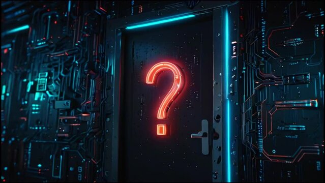 Video of a door with a red question mark on it. The door is in a dark room with blue lights on the walls.