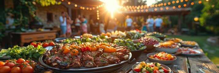 Outdoor garden party with friends enjoying a delicious spread of food and drinks in a beautifully...