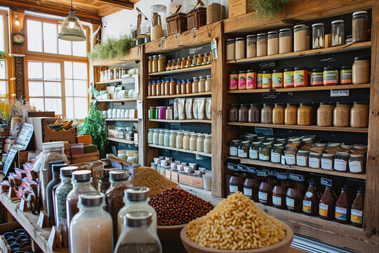 Eco-friendly grocery store with shelves full of various bulk goods in jars and containers.