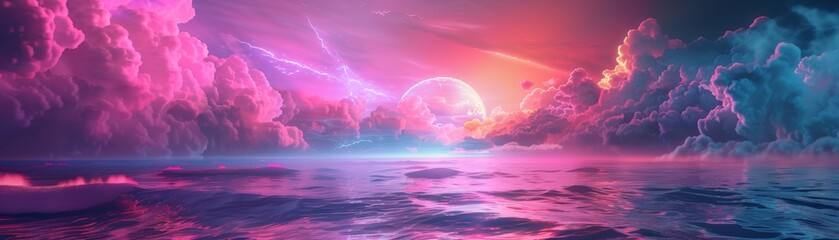 Surreal landscape with pink and blue clouds and a bright moon.