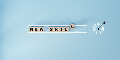 skills icon on wooden cube. Upskilling and personal development concept. Skill training, education,...