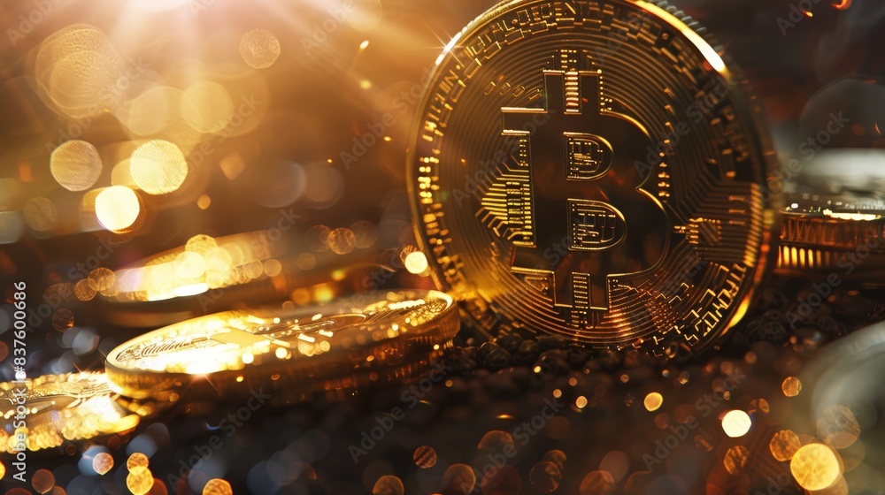 Poster the image is a close-up of a stack of gold bitcoin. the background is out of focus and there is a wa