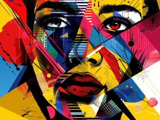 Colorful abstract geometric portrait of a woman's face in vibrant hues, capturing modern art and creative expression.
