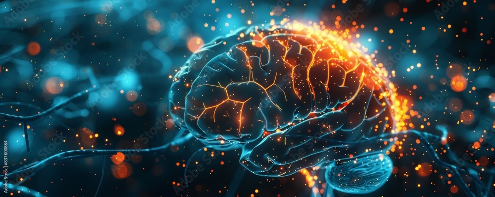 Poster the image is a representation of a brain with a glowing orange center and blue and orange lights rep