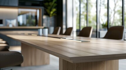 The image shows a large wooden conference table in a modern office.