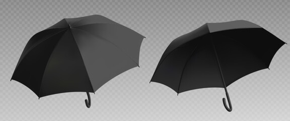Black umbrella mockup. Realistic isolated open parasol view template for branding. Mock up design for rain weather protection object. Outdoor accessory advertising or presentation for autumn season © klyaksun