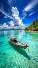A small boat on the crystal clear turquoise waters of a tropical island with a blue sky and white clouds in the background