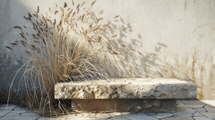 Minimalist stone podium with dry grass, showing detailed textures of natural stone and dry grass, Ai Generated images
