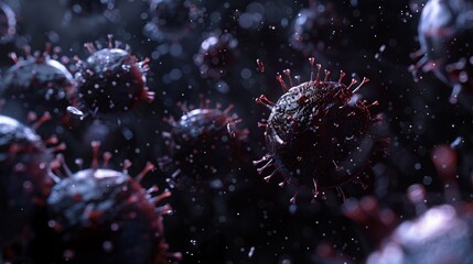 A 3D vector depiction of a disease outbreak at a cellular level, illustrated in dark tones