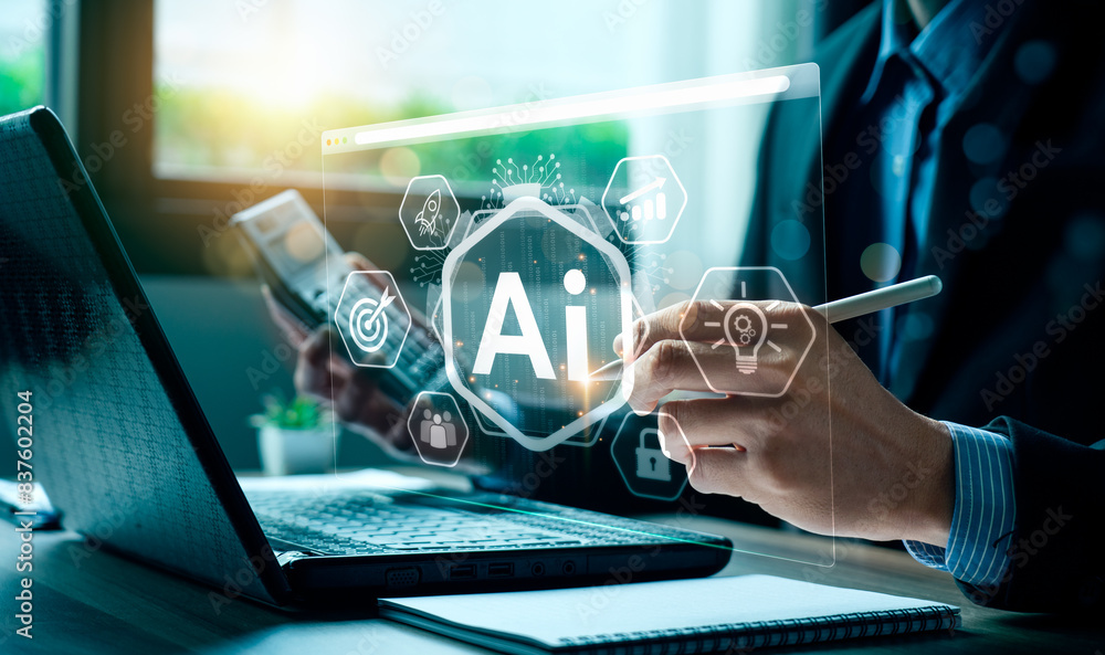 Poster ai tech enhances businesses by processing data, improving decision-making, developing innovative pro