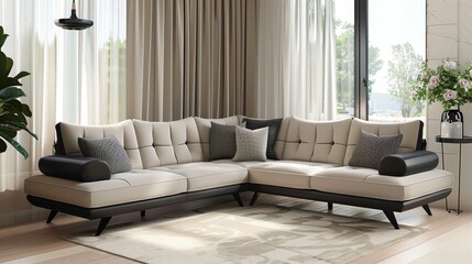 Elegant beige corner sofa with black leather armrests, positioned in front of a window on wooden flooring and a white carpeted area, accompanied by a coffee table. The room is illuminated by natural l
