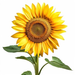 Obraz premium Bright yellow sunflower with green leaves, isolated on white background, showcasing natural beauty and vibrant color.