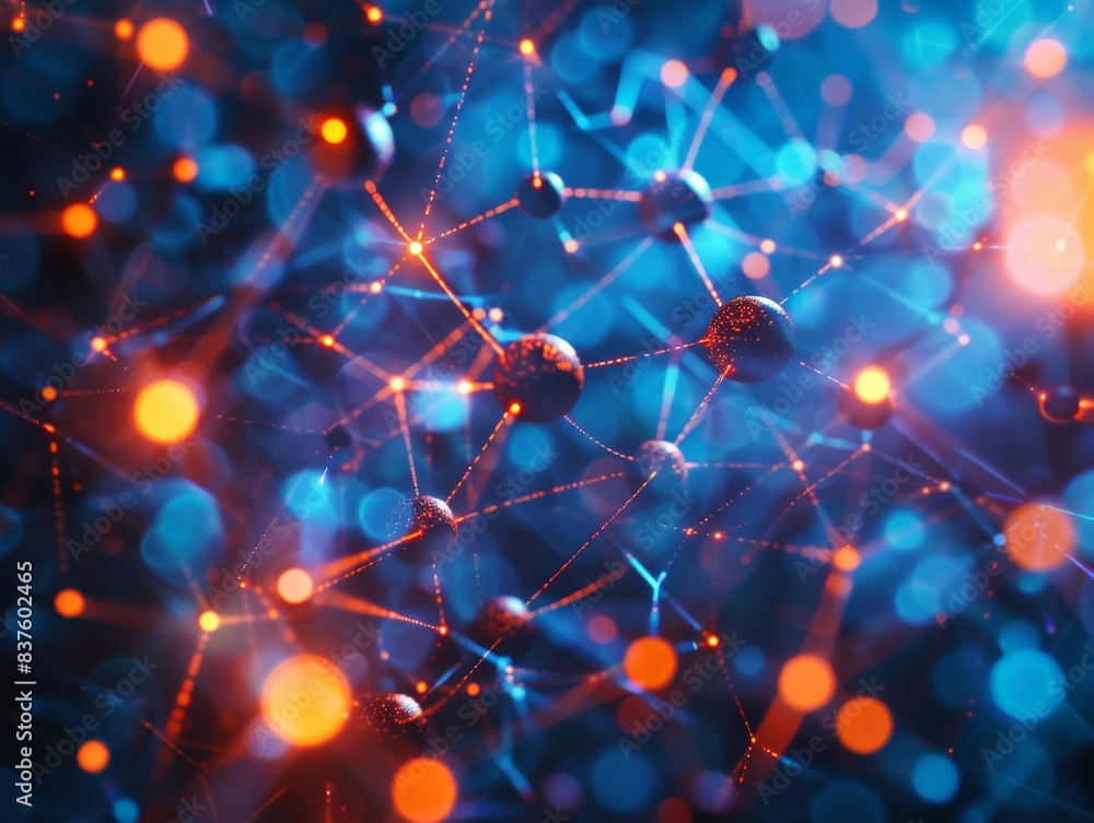 Poster abstract network of glowing nodes and lines on dark blue background with bokeh lights.