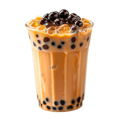 Delicious bubble tea with tapioca pearls in a clear plastic cup, showcasing a refreshing and tasty Asian beverage. This image isolated on transparent or white background, PNG file.